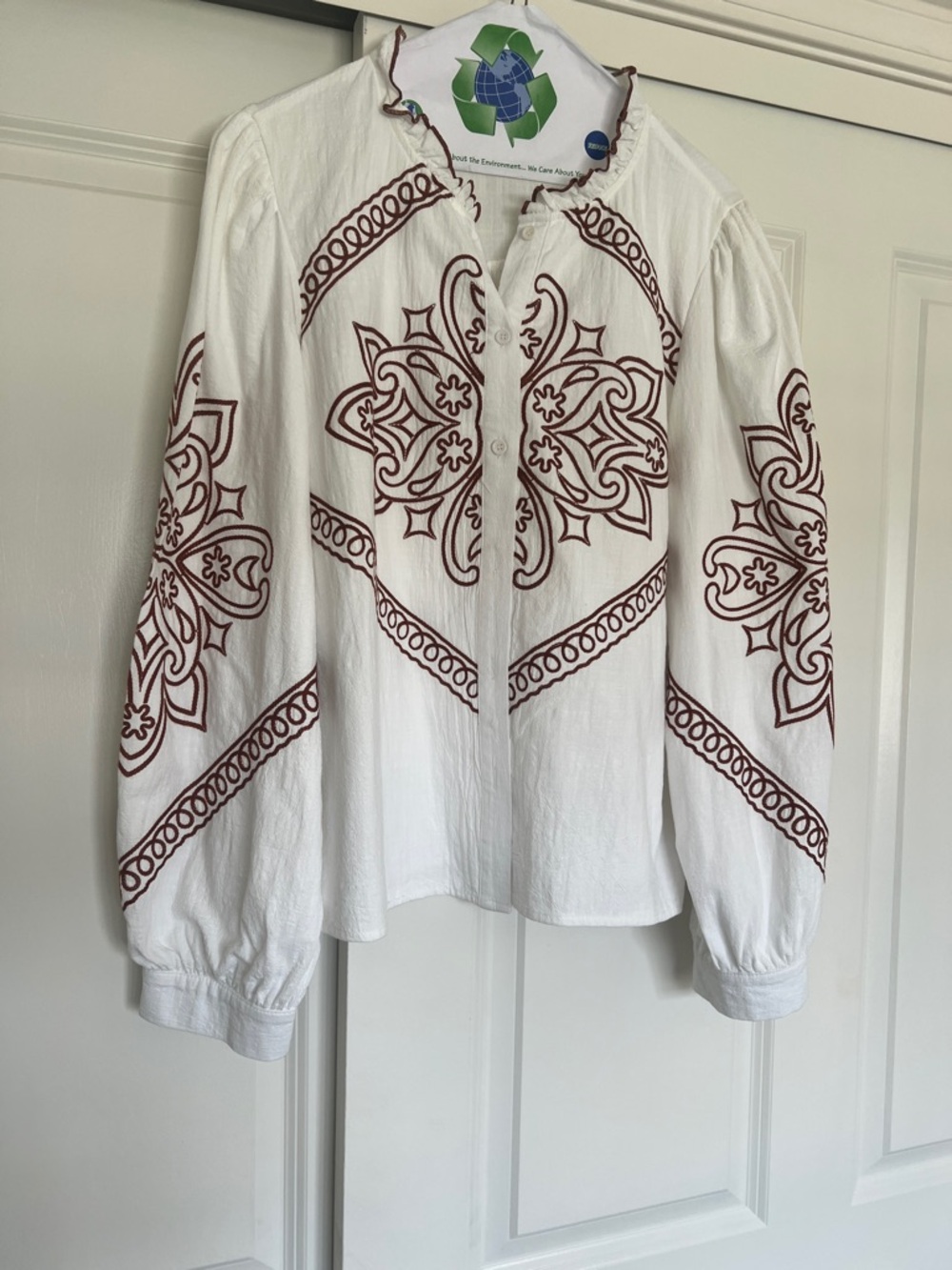 Red Dress Boutique White Peasant Blouse with Brown Embroidery